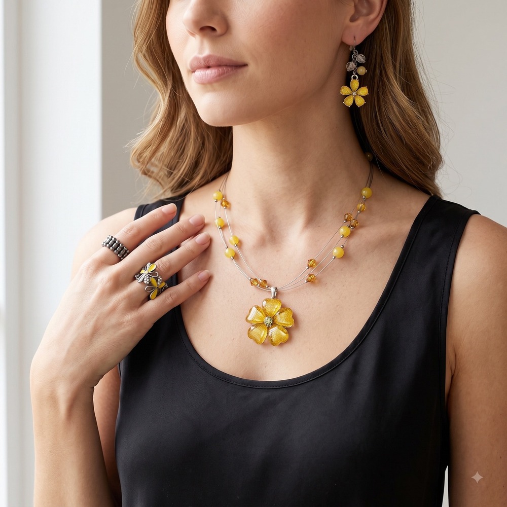 Yellow Floral Jewelry Set Necklace Earrings Stretch Ring Silver Tone 3pc Boho